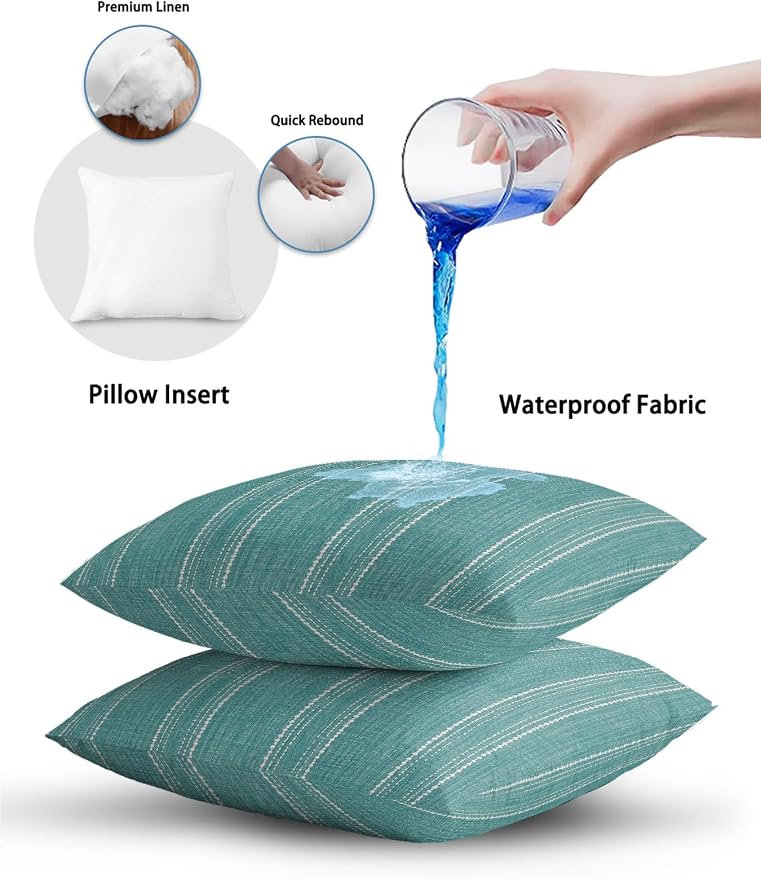 Waterproof Outdoor Pillow 1 Pack Teal Linen Stripes Decorative Throw Pillows Cover & Insert 18x18 Inch Pillowcase Parallel Vertical Lines Pillows for Couch Sofa Bed Patio Furniture Indoor Outdoor