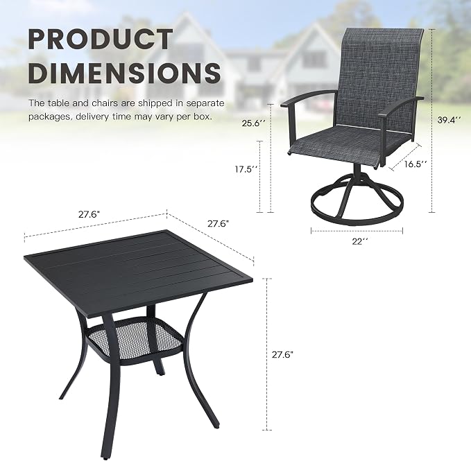 3 Pieces Small Patio Dining Set, Outdoor Furniture of 27.5" Square Small Patio Table and Patio Swivel Chairs for Backyard Lawn Garden, Black Table and Black Chairs