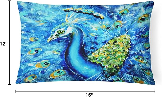 Caroline's Treasures MW1166PW1216 Peacock Straight Up in Blue Canvas Fabric Decorative Pillow Machine Washable, Indoor Outdoor Decorative Pillow for Couch, Bed or Patio, 12HX16W