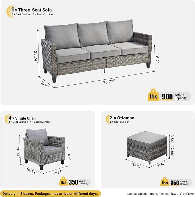 ovios Patio Furniture Set, 7 Pieces Outdoor Wicker Sofa Couch with 4 Chairs, Ottomans and Comfy Cushions, All Weather High Back Rattan Conversation Set, Dark Grey
