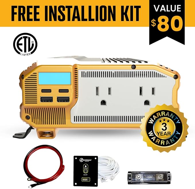 K KRIËGER 2000 Watts Power Inverter 12V to 110V, Modified Sine Wave Car, Dual 110 Volt AC Outlets, DC to AC Converter with Installation Kit Included - ETL Approved to UL and CSA Standards
