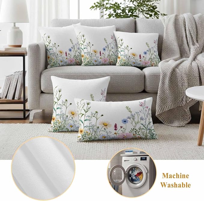Farms Wildflowers Outdoor Waterproof Throw Pillow Covers Set of 2, 24"x24", Herbs Countryside Watercolor Floral Leaf Decorative Pillow Covers Outside Cushion Case for Patio Porch Garden