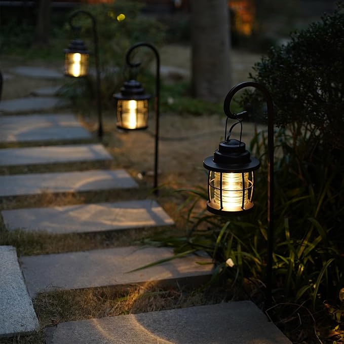 GOODSMANN Low Voltage Pathway Lights 1.1W 12V AC Outdoor Lantern Shaped Path Lights 6PK Metal Landscape Lighting Kit 32 Lumen 2900K Warm White Hardwired Walkway Lights with Connectors and Stakes