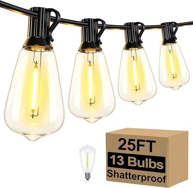 Brightever Outdoor String Lights, 25FT Patio Lights with 13 ST38 LED Edison Bulbs (1 Spare), Waterproof Connectable String Lights for Outside, Dimmable Hanging Light for Backyard Porch Decor, Black