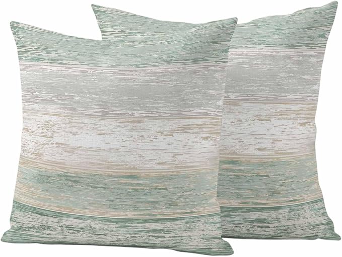 Outdoor Waterproof Throw Pillow Covers, Vintage Sage Green Grey Decorative Pillow Cases, Farmhouse Barn Wooden Striped Couch Pillow Protector Patio Sofa Cushion Covers Replacement 24"x24" 2 Pack