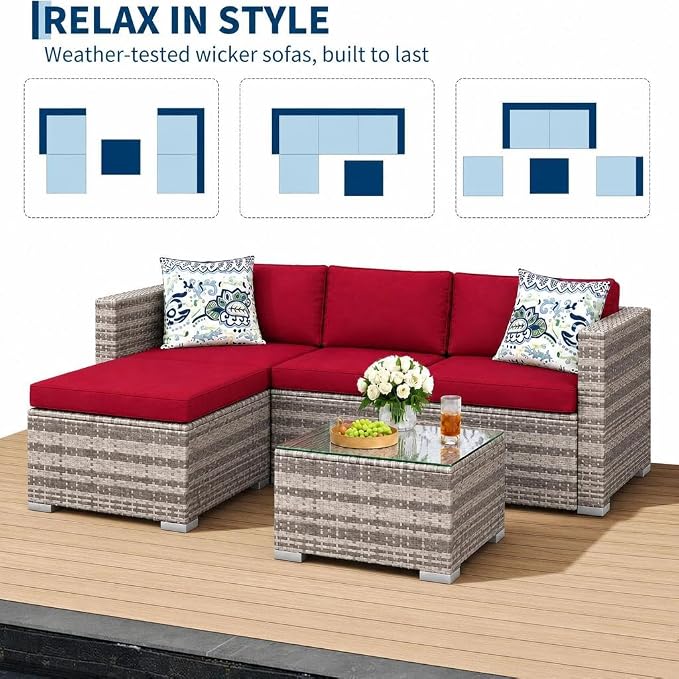 GAOMON 5 Piece Outdoor Patio Furniture Set, All-Weather PE Wicker Sectional Couch Set with Cushions and Ottomans, Outdoor Patio Conversation Set with Glass Table for Backyard, Porch, Balcony