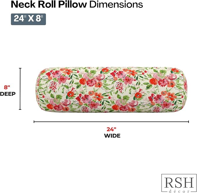 RSH DECOR: Neck Roll Jumbo Bolster Pillows Set of 4 | 24” x 8" | All-Weather Spun Fabric | Water and Fade-Resistant | Outdoor Support Pillows for Patio Furniture | Made in USA (Bettina Garden)
