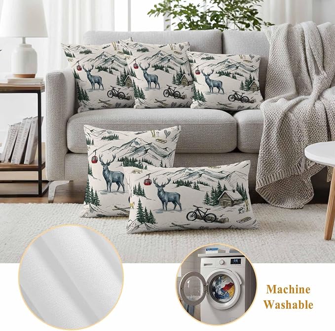 Mountain Cabin Outdoor Pillow Covers 20"x20" Set of 2, Winter Green Pine Tree Wooden House Cabin Waterproof Throw Pillow Covers for Patio Furniture, Decorative Cushion Covers for Porch