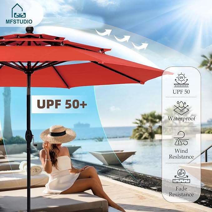 MFSTUDIO Patio Dining Set for 4, Outdoor Furniture Set with Orange Red Umbrella (Base not Included), Wood-Like Square Table and 4 Swivel Chairs for Patio, Deck, Backyard, Garden