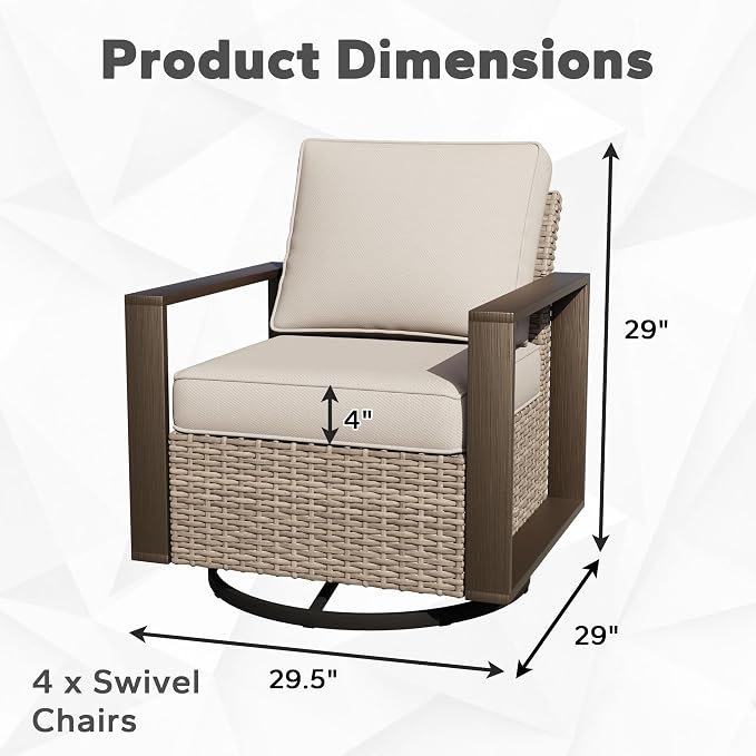 Joyside Outdoor Patio Swivel Rocker Chairs Set, 4 Pieces Wicker Rattan Chairs with Metal Wide Armrest, Thick Cushions and Deep Seating for Garden, Backyard, Porch, Deck