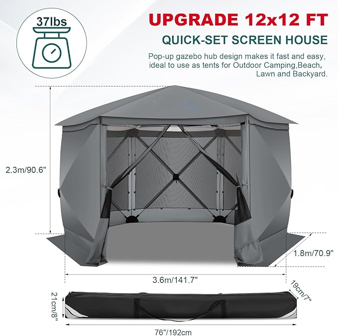 COBIZI 12x12 FT Pop Up Canopy Extendable Tent, Gazebos On Clearance with Removable Roof, Screened in Gazebo with sidewalls, Screen Tents Portable carpas para Patio for Outdoor Camping,Backyard,Gray