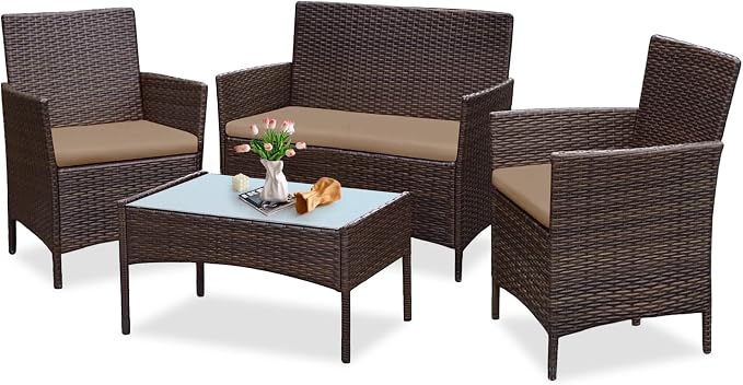 PROHIKER 4 Piece Outdoor Wicker Patio Conversation Furniture Set, Rattan Chair Wicker Sofa Garden Conversation Sets with Cushion and Glass Table for Yard Pool or Backyard, Brown/Khaki