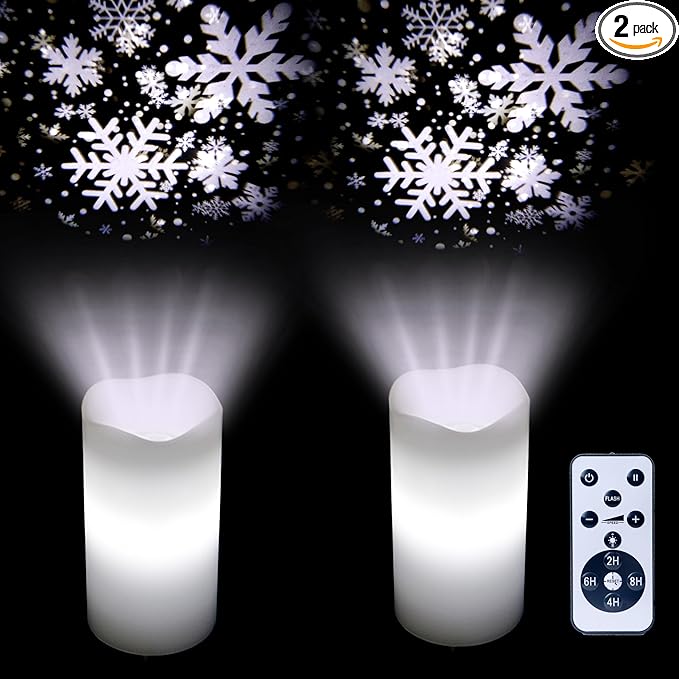 XingsLight Flameless Candles with Snowflake Projector Lights Battery Operated LED Candle with Remote and Timer, Christmas Decorations,2 Pack
