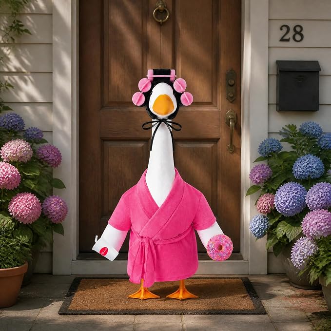 Lady Porch Goose Bathrobe Outfits Fits 23" Concrete Goose Statue | Funny Winter Porch Goose Outfit Old Lady Geese Costume with Curlers Coffee Cup for Outdoor Yard Garden Patio Decor(Fuchsia)