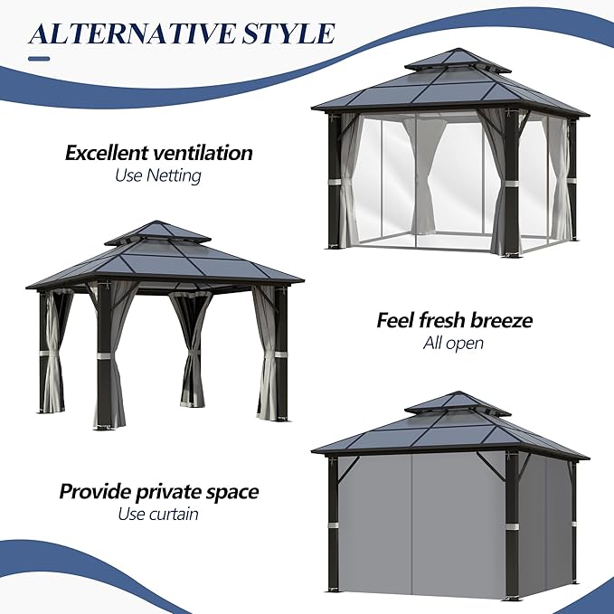 GARTOO 10x10FT Polycarbonate Hardtop Gazebo with Double Roof - Heavy-Duty Steel Frame Gazebo with Breathable Netting & Privacy Curtain for Patio, Porch, Garden, Lawn, Deck, Backyard