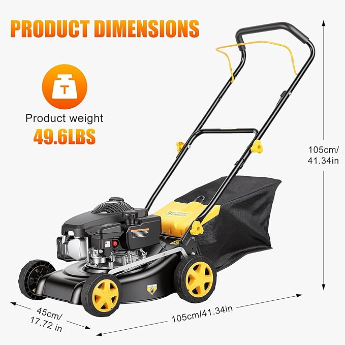 16” Self Propelled Gas Push Lawn Mower,132cc 4-Stroke Air-Cooled Engine,3-in-1 Mowers with 45L Grass Catcher,8-Position Cutting Height (25-75mm),400mm Cutting Width,Hand Push Lawn Mower for Yard