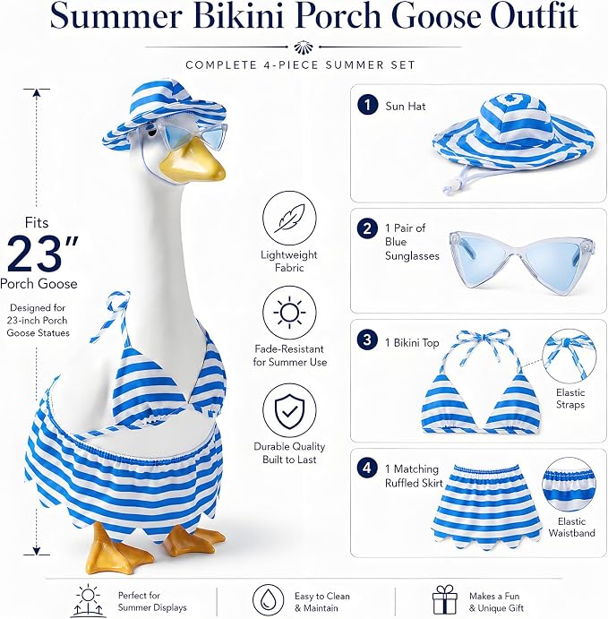 Hot 4Pcs Summer Bikini Porch Goose Outfits Set, Blue Striped Beach Costume with Hat, Fasion Sunglasses & Skirt, Yard & Lawn Goose Clothes for 23" Statue, Outdoor Patio Garden Decoration(Bikini)