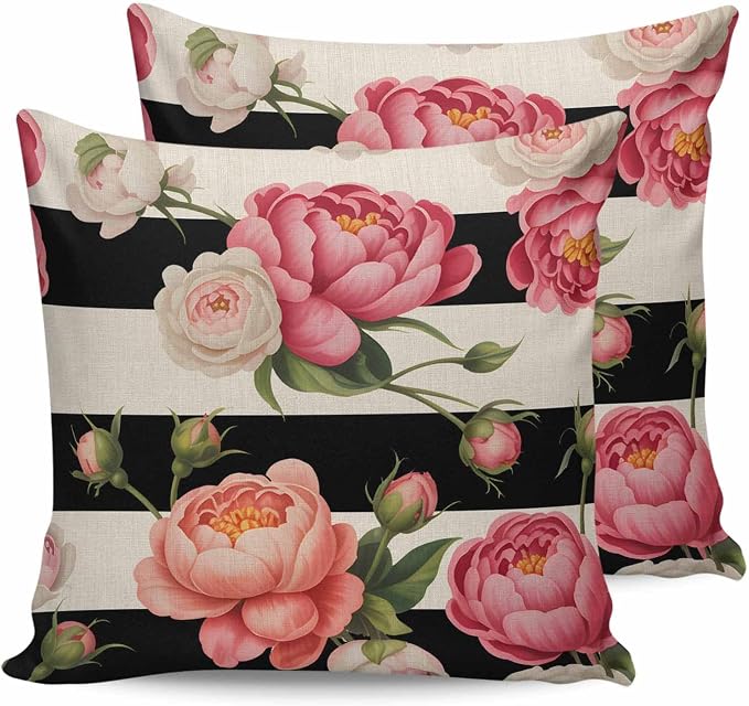 Outdoor Waterproof Throw Pillow Covers Set of 2 Pink Peony Rose Pillowcases 20x20 Inches Floral Black Stripes Linen Decorative Pillows Cushion Case Patio Pillows for Couch Bed Chair Garden