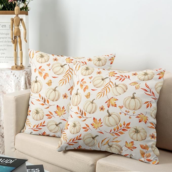 Fall Pillow Covers Thanksgiving White Pumpkin Throw Pillow Covers Harvest Maple Leaf Pillow Cases 16x16 Set of 2 Autumn Seasonal Cushion Cases for Home Farmhouse Sofa Patio