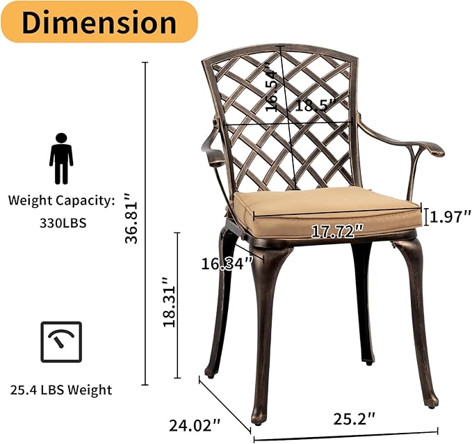 VINGLI 5-Piece Outdoor Patio Dining Set, Cast Aluminum All-Weather Outdoor Table and Chairs w/Cushion, Outdoor Furniture Set w/Umbrella Hole for Backyard Deck Poolside (Round, Grid Back)
