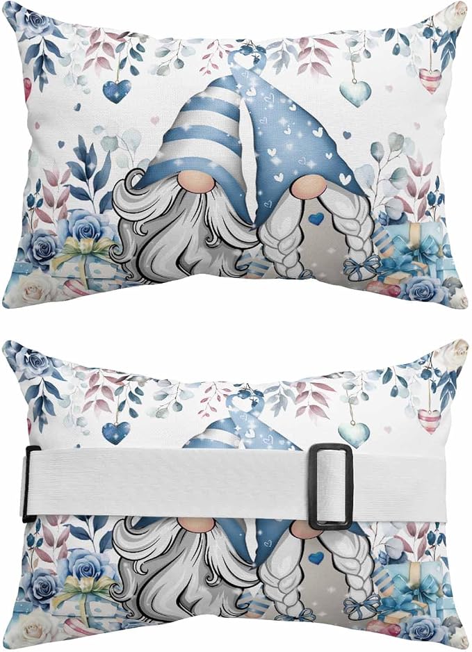 Chaise Lounge Head Resting Pillows,Valentine's Day Romantic Gnome Couple Blue Roses Flower Plant Outdoor Chaise Pillows,Patio Furniture Pillows with Insert and Elastic Strap for Beach Chair