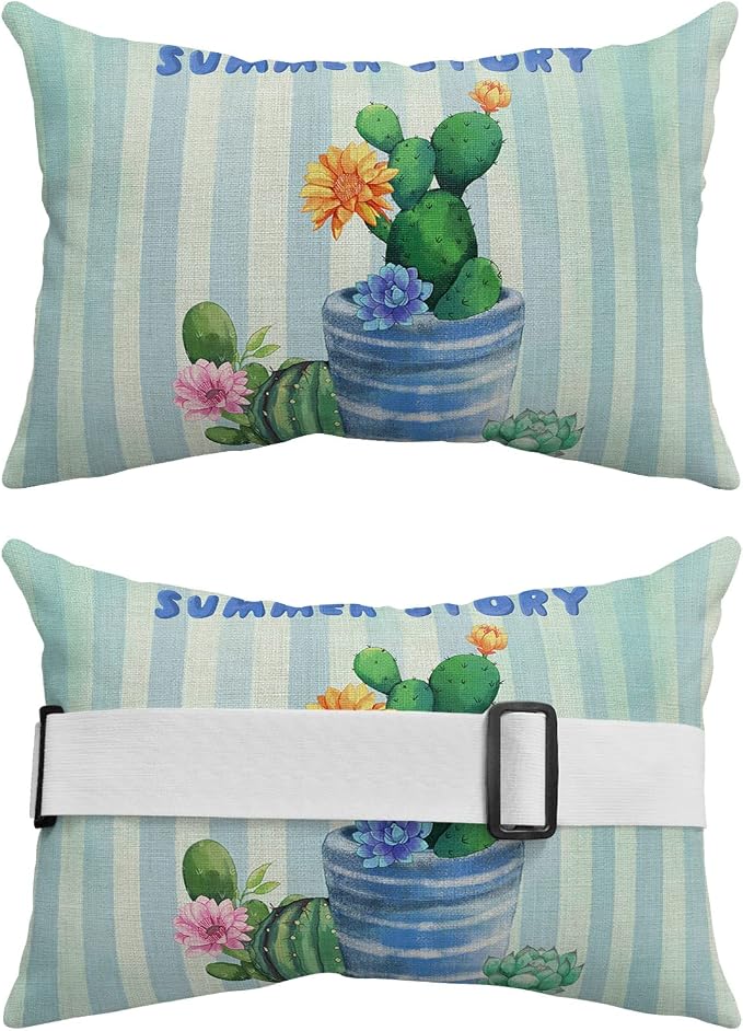 Outdoor Pillows Covers with Inserts SUMMER Cactus Succulents Green Plants Teal Stripes Waterproof Pillow with Adjustable Strap Throw Pillows for Patio Furniture Recliner Lounge Chair, 11x16 inch, 1PCS