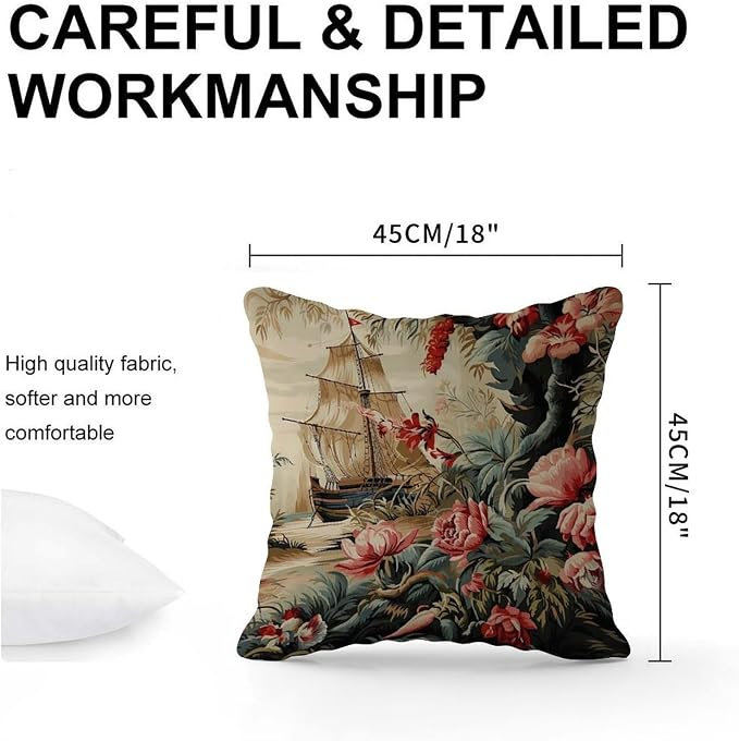 Moore Manor Antique Chinoiserie Pillowcase Vintage Boats and Flowers Throw Pillow Cover Classic Outdoor Garden Decoration for Patio Garden Couch Tent 18x18 in