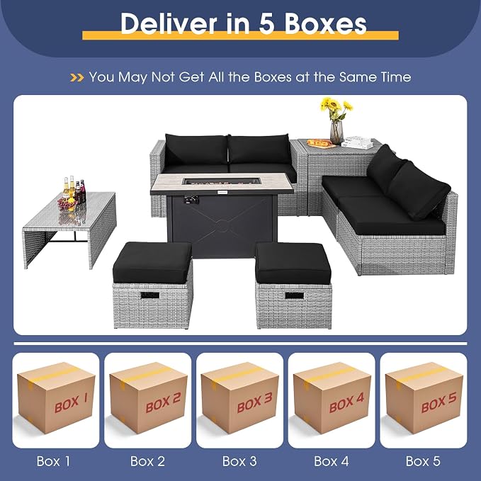 Tangkula 9 PCS Patio Furniture Set with 42” 60,000 BTU Fire Pit, Outdoor Space-Saving Sectional Sofa Set with Storage Box, Waterproof Covers Included (Black)