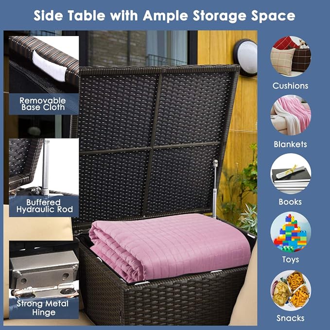 HAPPYGRILL 4PCS Patio Furniture Set Outdoor Rattan Wicker Conversation Sofa Set with Storage Box & Tempered Glass Coffee Table for Backyard Garden Porch