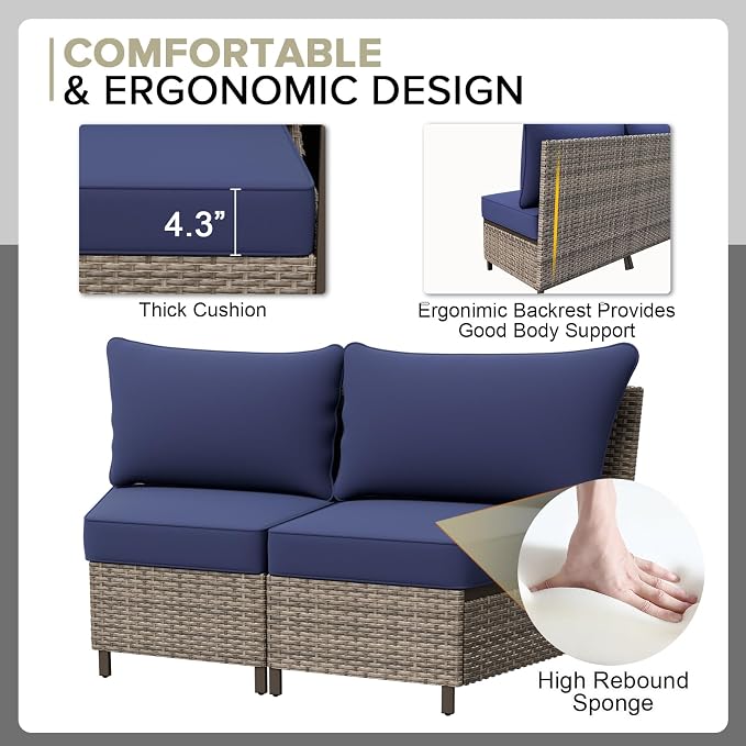COOS BAY Aurora Terrace 4 Piece Outdoor Sectional Furniture Set, Half Moon Rattan Wicker Conversation Set with 4 Seat Sofa & Coffee Table for Patio Garden Yard, Beige/Blue