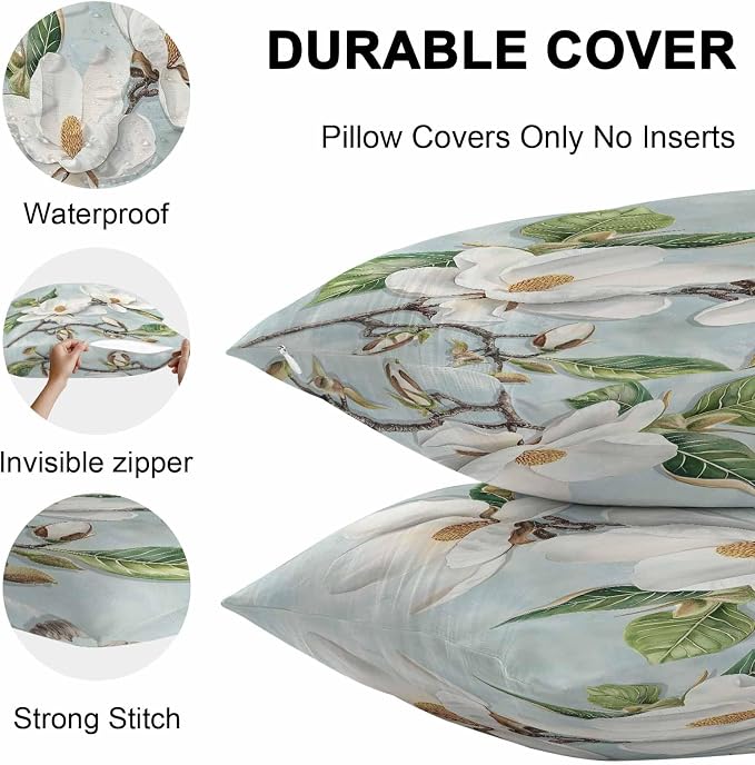 Waterproof Pillow Covers for Couch Throw Pillow Cases Set of 2, Farmhouse White Magnolia Flower Decorative Cushion Pillow Covers 18x18In,Indoor Outdoor Decoration Abstract Floral Oil Painting Texture