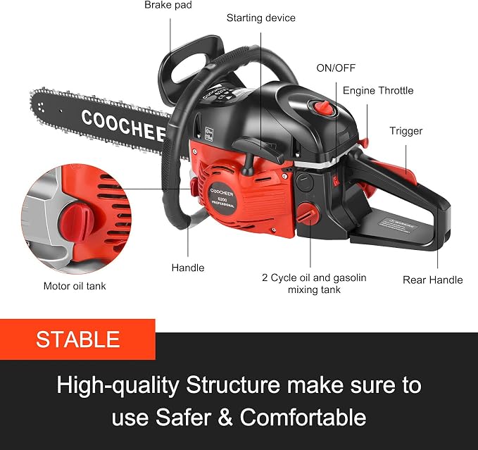 COOCHEER Powerful 62cc 20 Inch Gas Chainsaw, 3.5 HP 2-Stroke Handheld Chain Saw for Wood Cutting, Farm Clearing & Tree Trimming