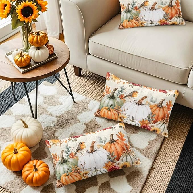 Orange White Pumpkins Fall Lumbar Pillow Covers 20x12 Inch Set of 2, Thanksgiving Waterproof Outdoor Pillow Covers, Sunflower Retro Decorative Cushion Pillowcases for Couch, Sofa, Bed, Garden, Patio