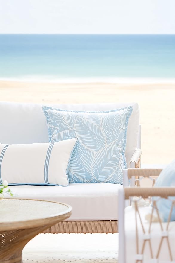 Hofdeco Premium Coastal Hampton Style Patio Indoor Outdoor Pillow Cover Only, 20"x20" Water Resistant for Backyard, Couch, Baby Blue Palm Leaf