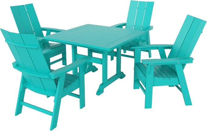 WestinTrends Ashore 5 Pieces Adirondack Patio Dining Set, All Weather Poly Lumber Slatted Modern Farmhouse Outdoor Furniture Set, 43" Trestle Square Table and 4 Adirondack Dining Chair, Turquoise