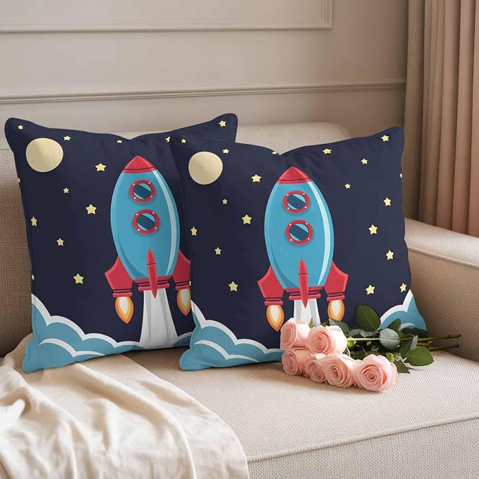 Rocket Stars Outdoor Waterproof Throw Pillow Covers Set of 2, 26"x26", Moon Sky Cartoon Space Craft Decorative Pillow Covers Outside Cushion Case for Patio Porch Garden