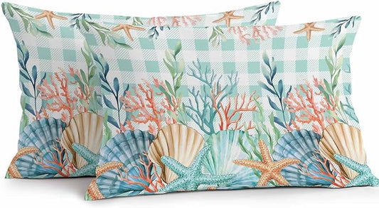 Lumbar Pillow Covers 20x12 Inch Set of 2, Summer Coastal Waterproof Outdoor Pillow Covers, Watercolor Corals Shells Starfish Green Plaid Decorative Cushion Pillowcases for Couch, Sofa, Bed, Patio