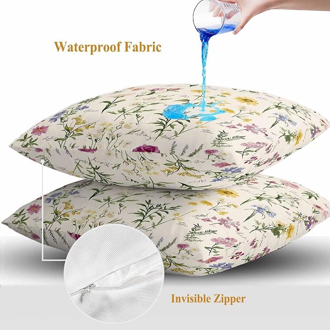 Throw Pillow Covers 24x24 Inch Set of 2, Botanical Garden Florals Waterproof Outdoor Pillow Covers, Spring Watercolor Wildflowers Decorative Cushion Pillowcases for Couch, Sofa, Bed, Garden, Patio