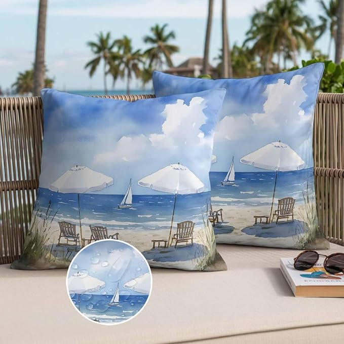 Watercolor Summer Beach Outdoor Waterproof Throw Pillow Covers Set of 2, 18"x18", Sun Umbrella Beach Chair Decorative Pillow Covers Outside Cushion Case for Patio Porch Garden