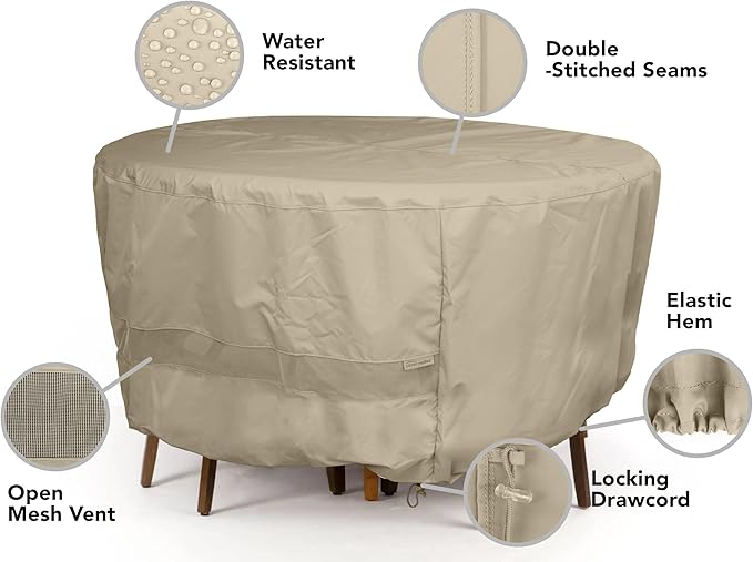Covermates Elite Outdoor Round Dining Table Cover – All-Weather Water-Resistant Polyester, Mesh Ventilation, Adjustable Drawcord & Buckle Straps for Patio Furniture, Round 72DIAMETER x 30H, Khaki