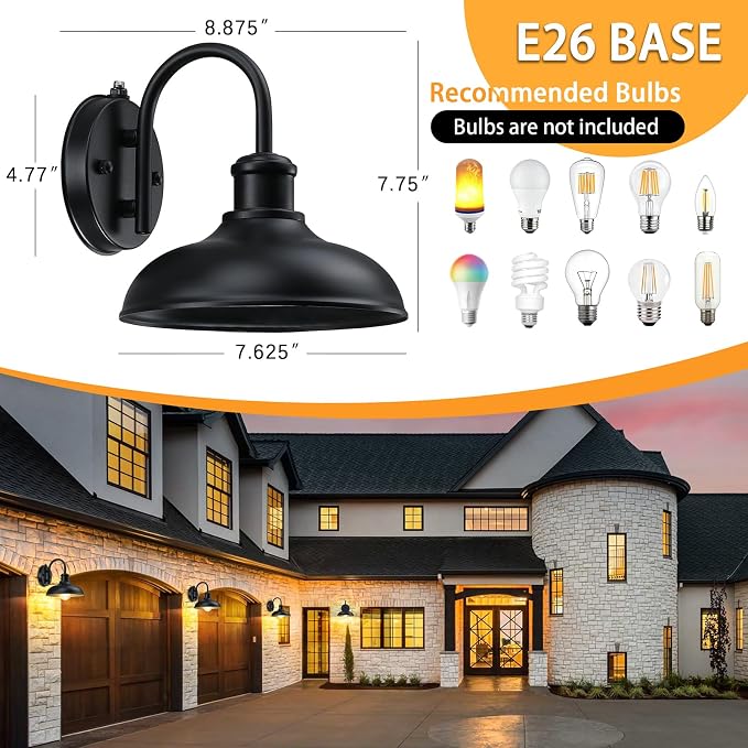 Dusk to Dawn Gooseneck Outdoor Light Fixtures, Farmhouse Barn Lights | Industrial Porch Lights, Black Exterior Wall Sconce for Garage, E26 Anti-Rust for Frontdoor Entryway, 2 Packs