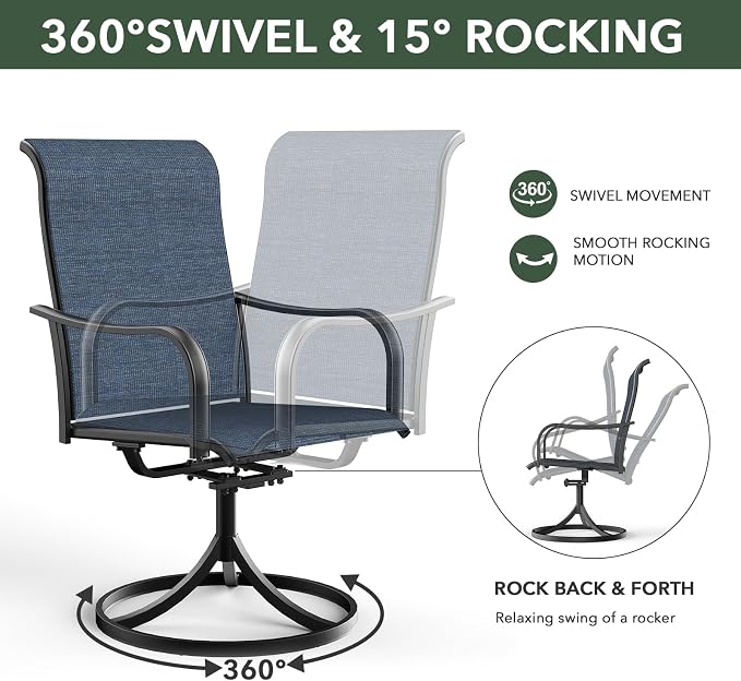 Patio 29" Heigh Rectangle Table and Navy Swivel Chairs Dining Set of 7 Sty2 | 63"x38" Metal Table, 29" Heigh Table Top,All Weather; 6 Piece Swivel Chairs: High Back,Retro Armrest,Textilene Fabric,Rocking