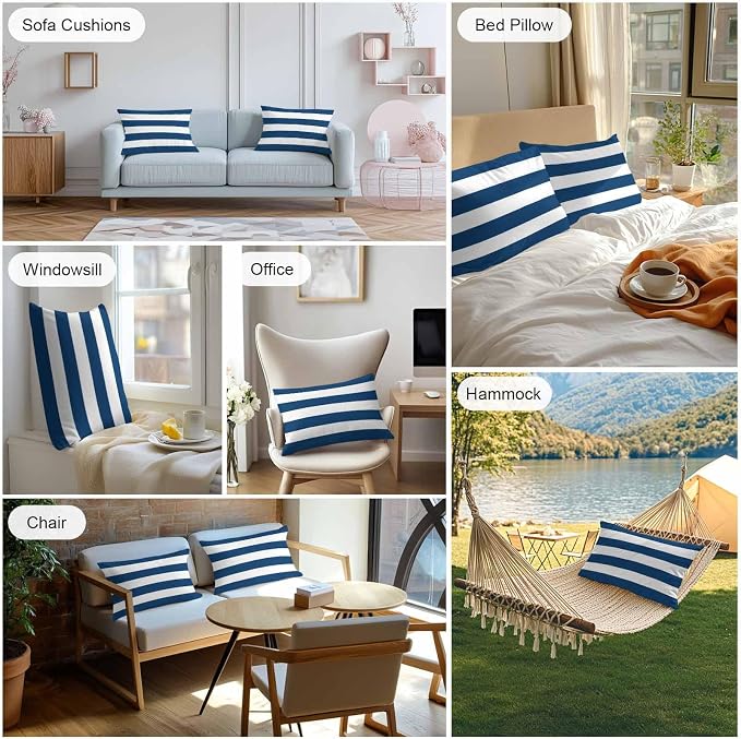 Outdoor Waterproof Throw Pillow Covers Set of 2 Navy Blue White Stripe Lumbar Pillowcases 20x12 Inches Simple Style Striped Decorative Pillows Cushion Case Patio Pillows for Couch Bed Chair Garden