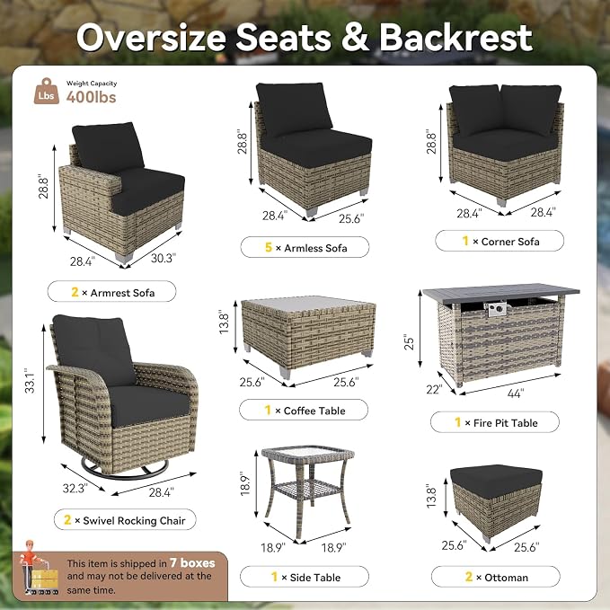 LazySunsets Luxury Patio Furniture Set with Fire Pit Table, All-Weather Patio Sectional Sofas with Thickened Cushions, 15 Piece Outdoor Furniture Set with Swivel Rocker Chairs & Ottomans, Black