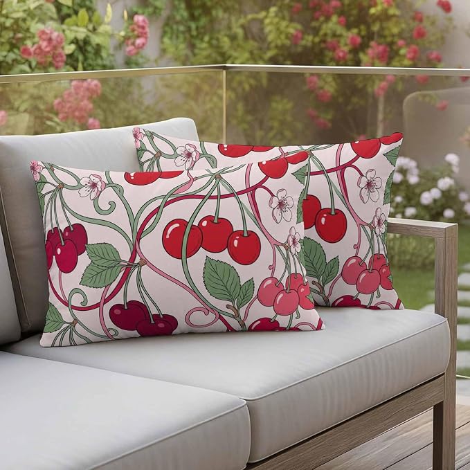 Red Cherry Outdoor Pillow Covers 20"x12" Set of 2, Vintage Red Cherry Pink Floral Vines Pink Waterproof Throw Pillow Covers for Patio Furniture, Decorative Cushion Covers for Porch