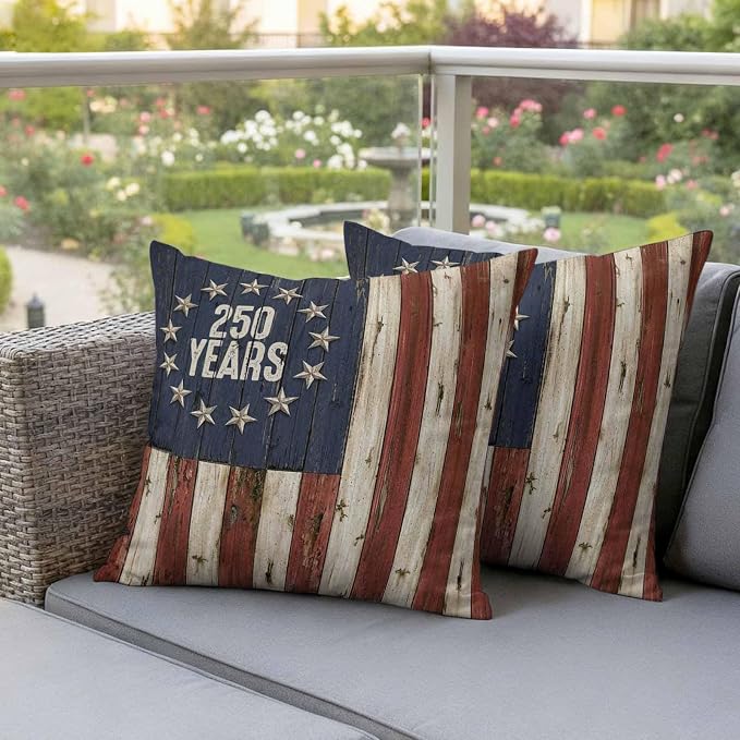 250 Year Anniversary USA Outdoor Waterproof Throw Pillow Covers 16"x16" Set of 2, 4th of July Vintage Wood Decorative Garden Pillowcase with Zipper Cushion Case for Patio Couch Tent