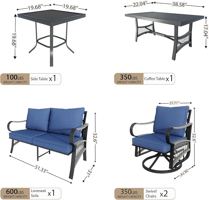 5 Pieces Patio Furniture Set, Rope Outdoor Conversation Sets with Swivel Chairs, Modern Metal Couch Sofa Seating Group with Coffee Table and Side Table (Blue Cushions)