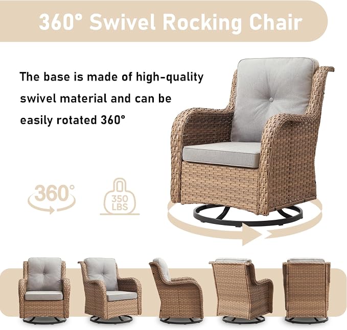 5 Pieces Patio Furniture-PE Wicker Outdoor Swivel Rocker Patio Chairs with Side Table Ottomans Outdoor Conversation Set for Porch Deck Balcony Garden-Yellow/Beige