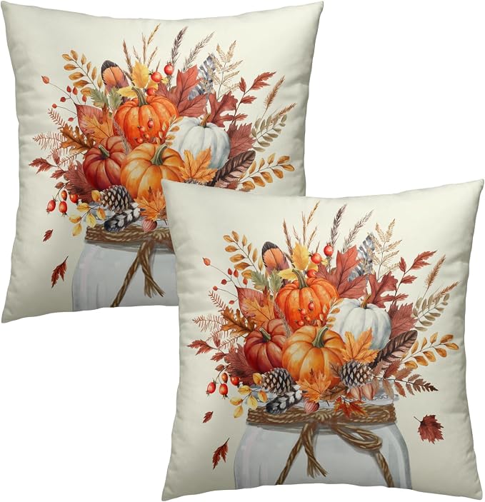Autumn Pumpkin Throw Pillow Covers 22x22 Inch, Set of 2 Rustic Fall Orange Flowers Jar Square Pillowcases Soft Cotton Cushion Cover for Couch Bed Sofa Porch Seasonal Home Decor