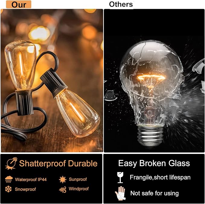 Outdoor String Lights 100FT Waterproof Lighting for Outside Patio Backyard | 52 Plastic Dimmable ST38 Edison Bulbs,100FT Connectable Outdoor Lights for Porch Bistro Garden Gazebo Balcony Cafe Deck Yard